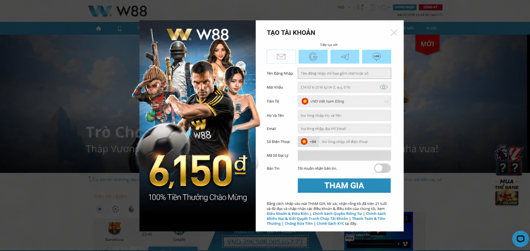 Biểu mẫu đăng ký W88 đã che mã đại lý