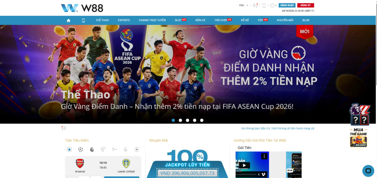 Giao diện trang chủ W88 với menu và khu vực thể thao